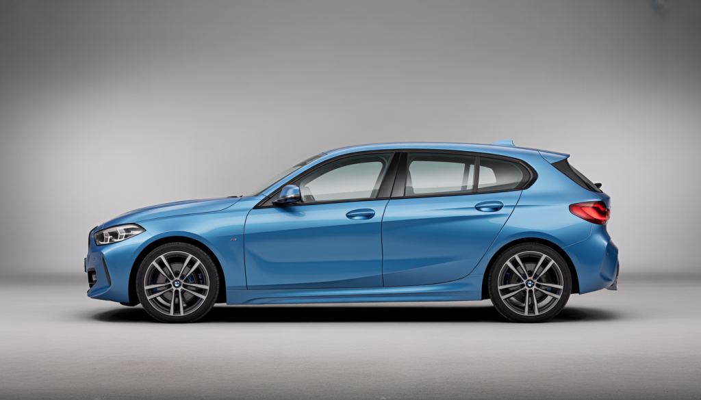 Vue de profil d'une BMW Série 1 F70 au design sportif et compact