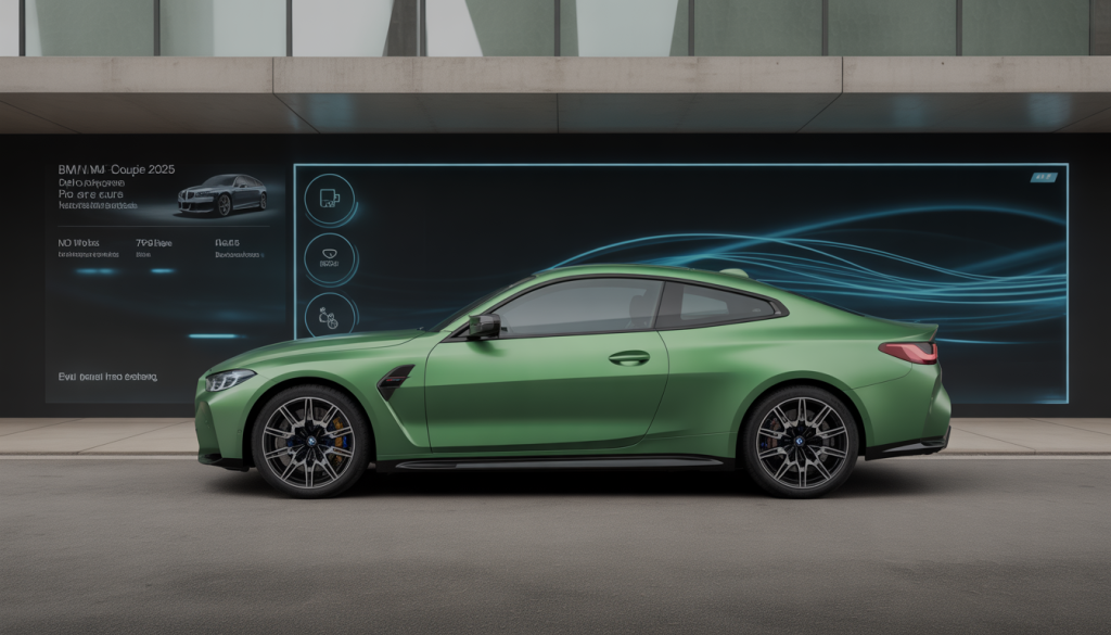 BMW M4 Coupé 2025 garée devant un décor urbain moderne