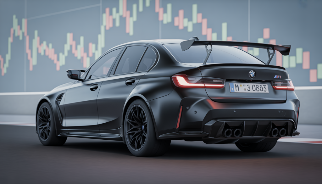 BMW M3 Competition noire vue trois-quarts sur circuit avec phares Matrix-LED, ailes larges en carbone et échappements chromés