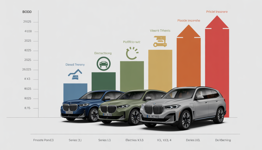 Graphique en barres des modèles BMW 2025 avec icônes et flèches