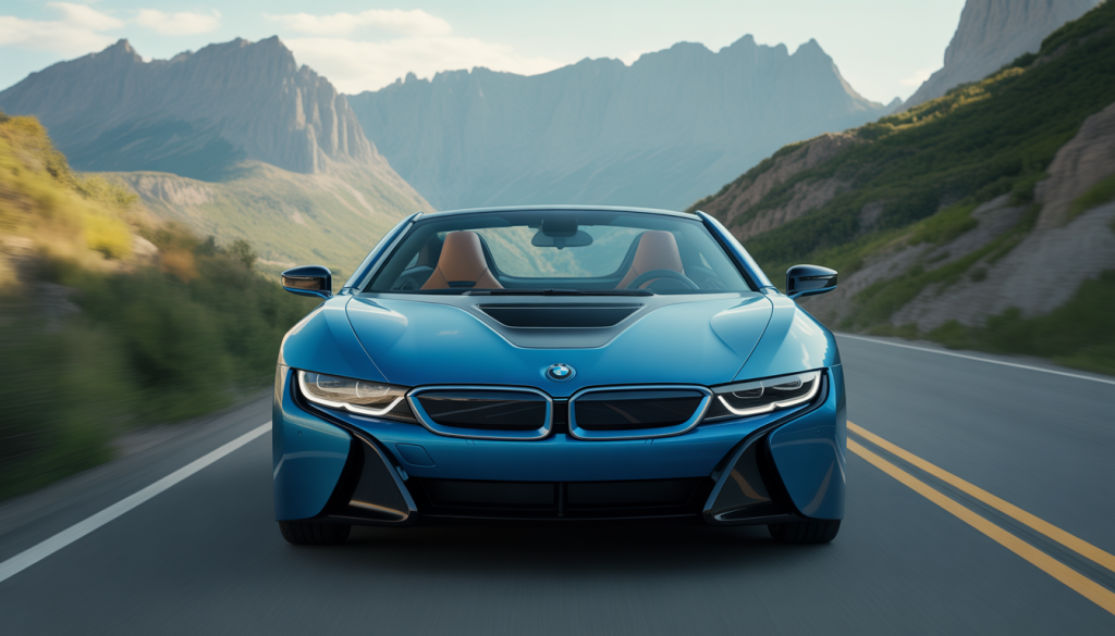 BMW i8 Roadster 2025 bleu métallisé sur route de montagne