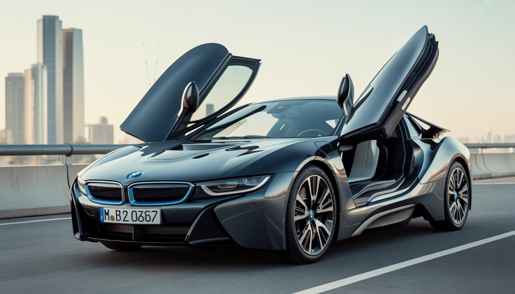 Vue trois-quarts d'une BMW i8 noire avec portes papillon ouvertes dans un décor urbain
