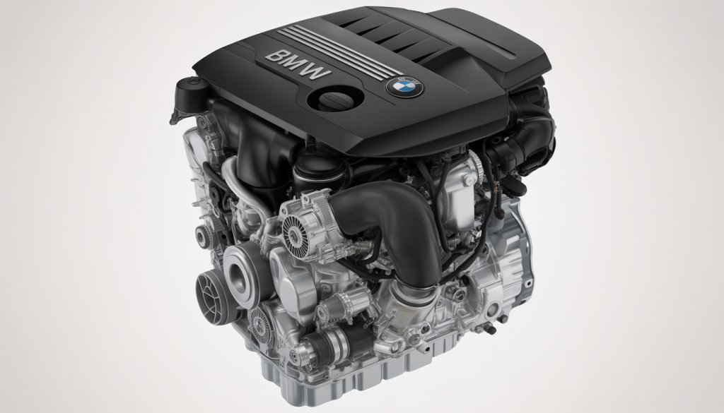 Photorealistic exploded view of BMW B48 engine with turbocharger and Valvetronic