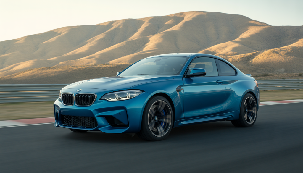 Vue avant trois-quarts d'une BMW M2 bleue métallisée sur circuit, avec montagnes en arrière-plan