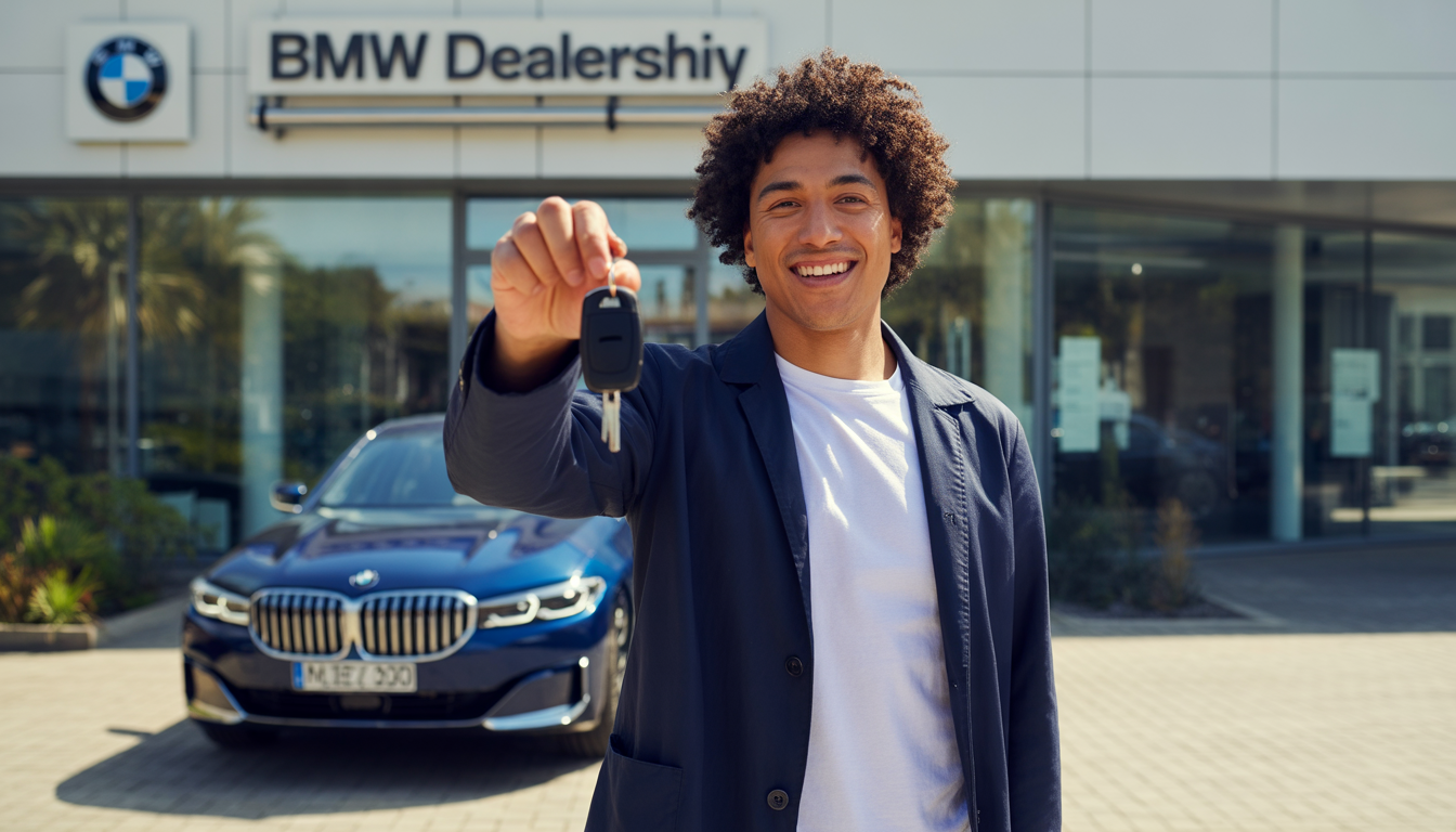 Personne souriante tenant des clés de BMW devant une concession