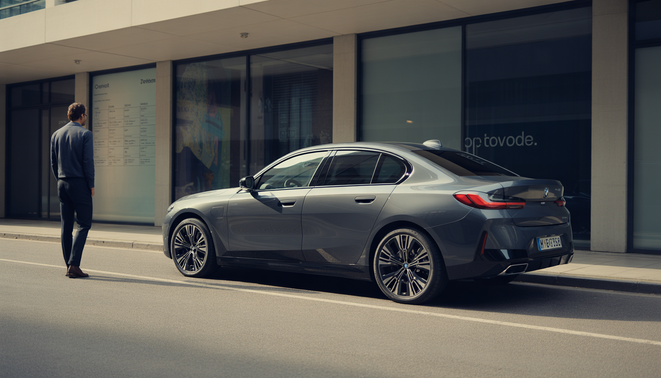 Voiture BMW moderne stationnée près de bureaux avec conducteur satisfait