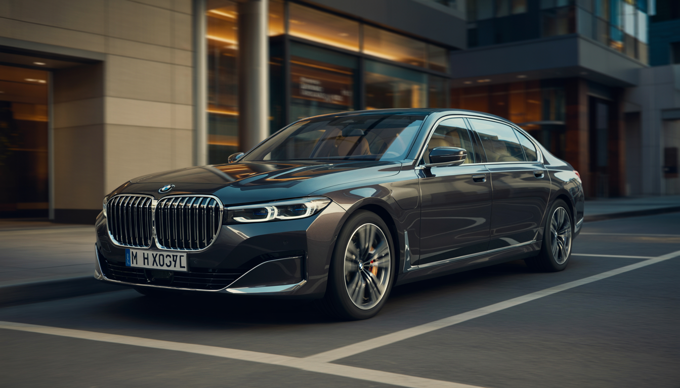BMW Série 7 garée en ville avec calandre illuminée et design moderne