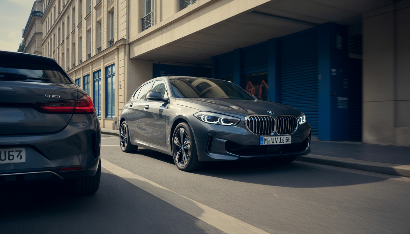 BMW Série 1 brillante garée devant un parking parisien animé