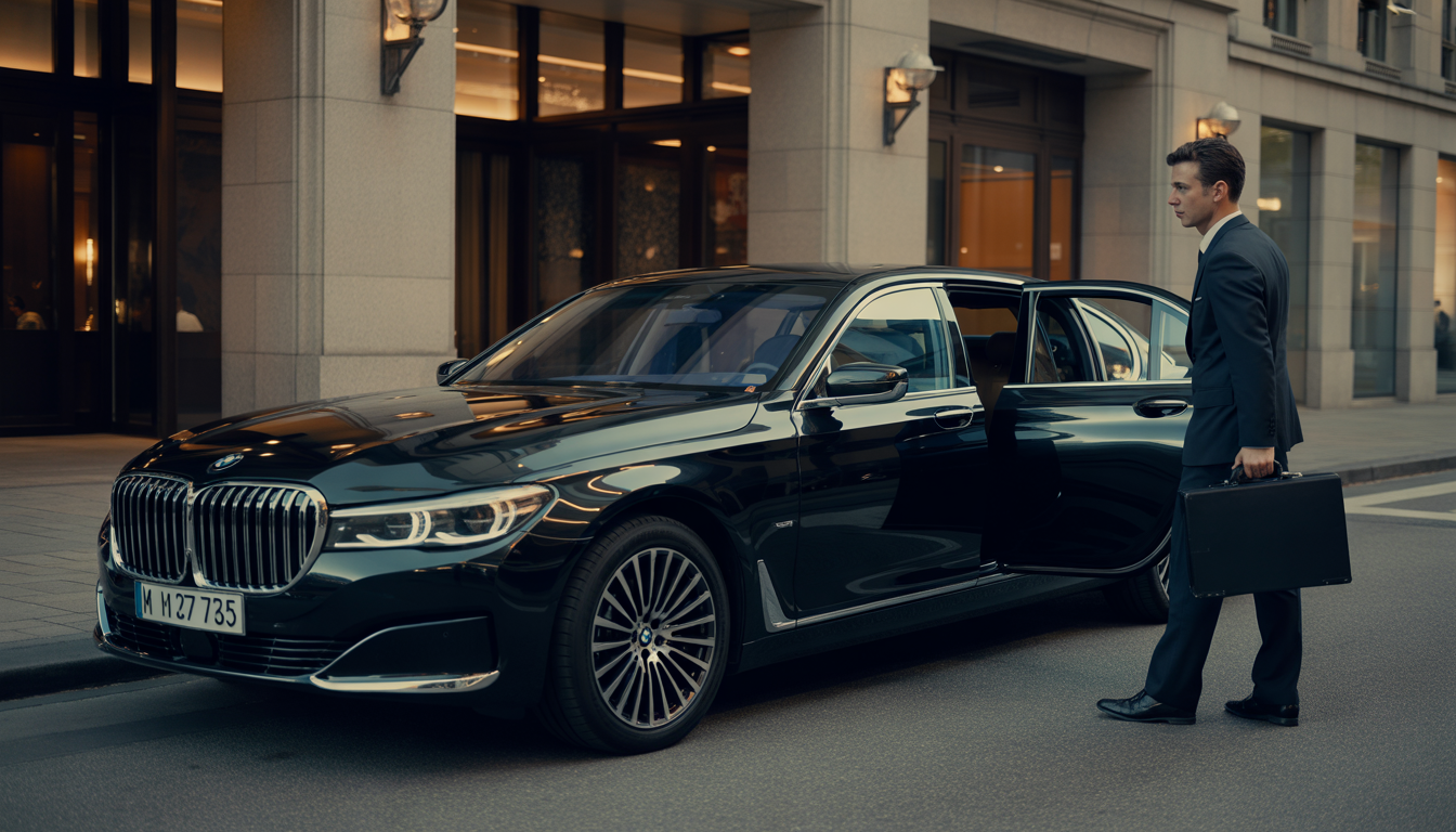BMW noire avec chauffeur ouvrant la porte à un passager d'affaires