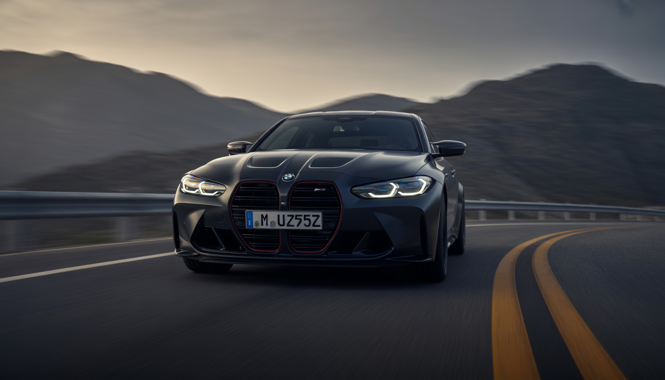 BMW M3 noire mat avec phares allumés sur route sinueuse au crépuscule