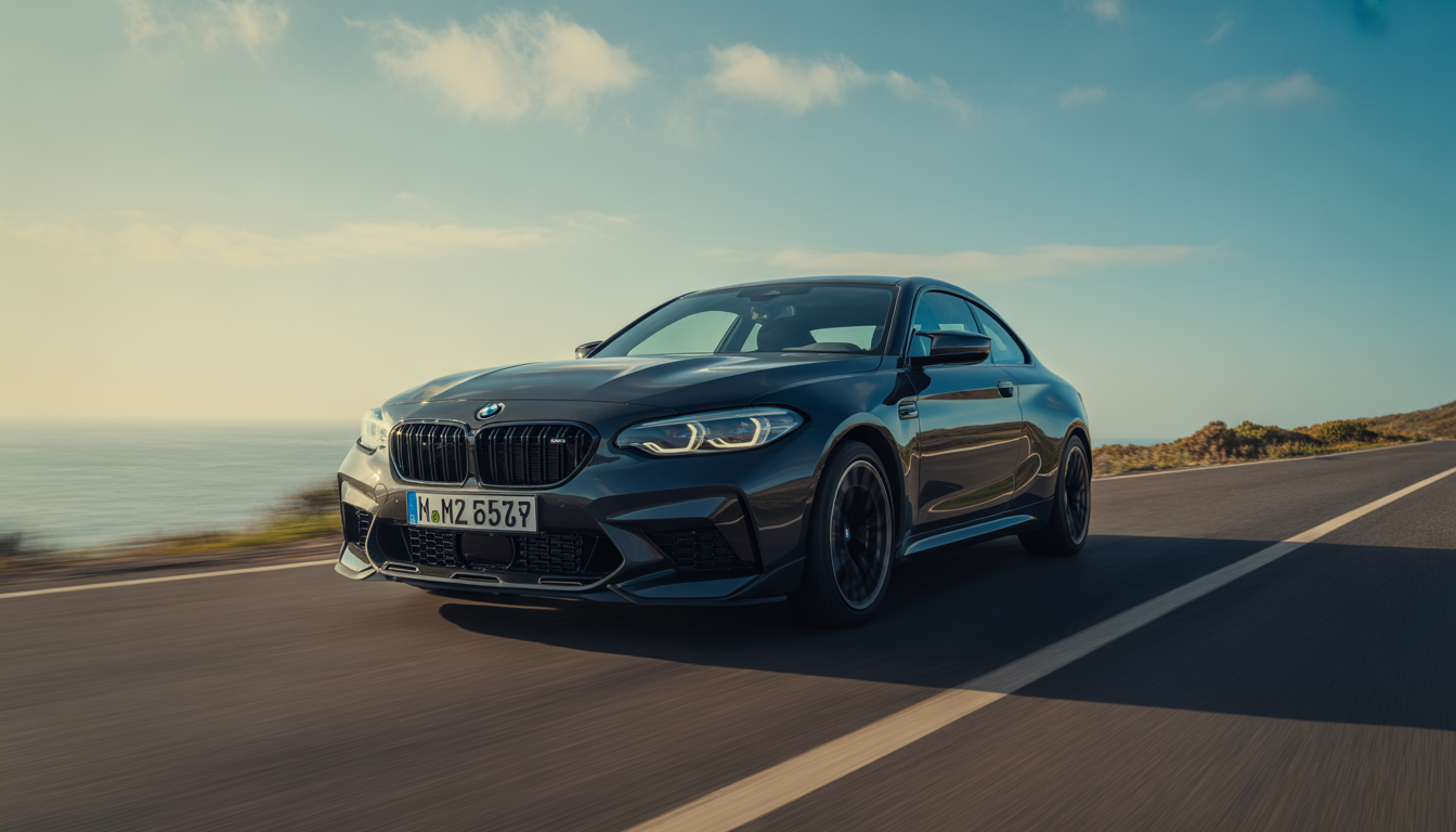 Black 2020 BMW M2 Competition parked on coastal road in sunlight