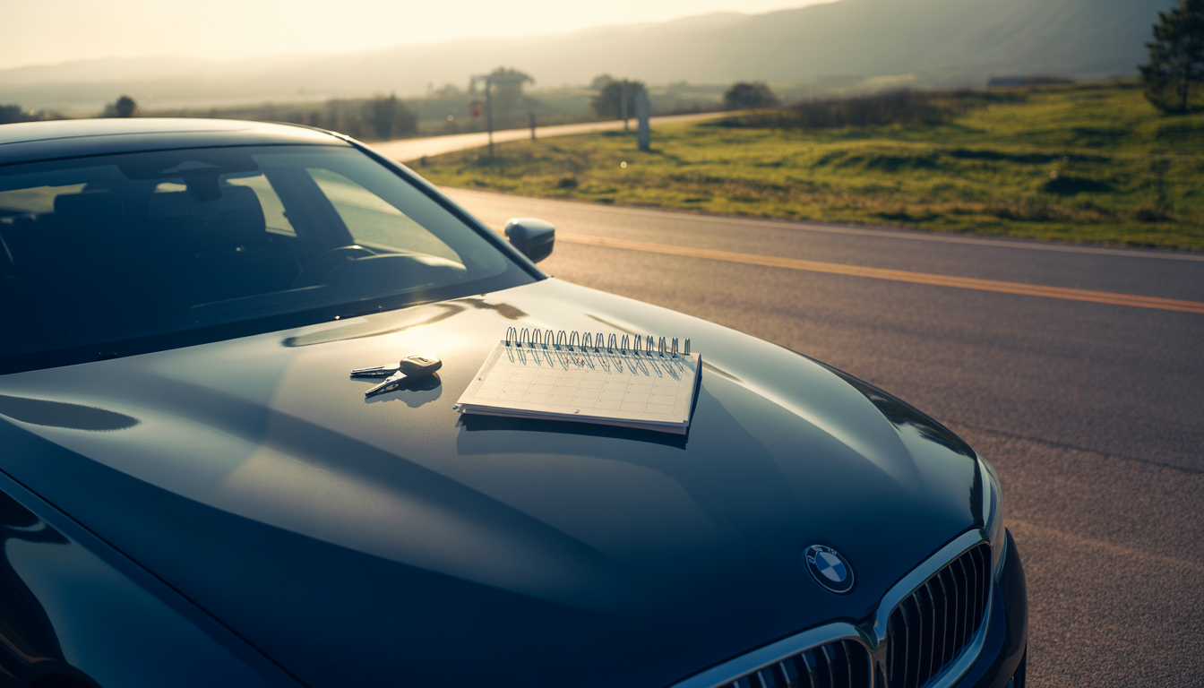 BMW Série 5 élégante au lever du soleil avec clés sur le capot
