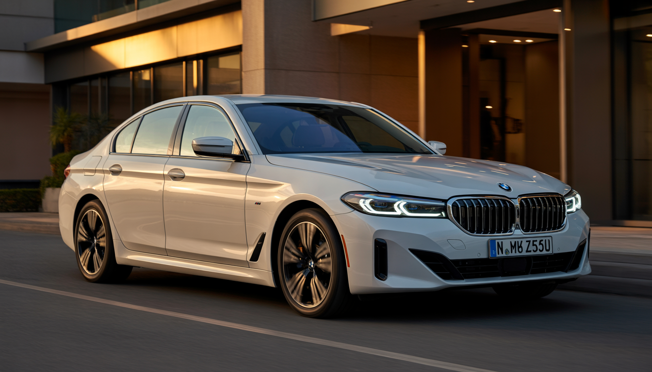 White BMW 5 Series parked before luxury hotel at sunset