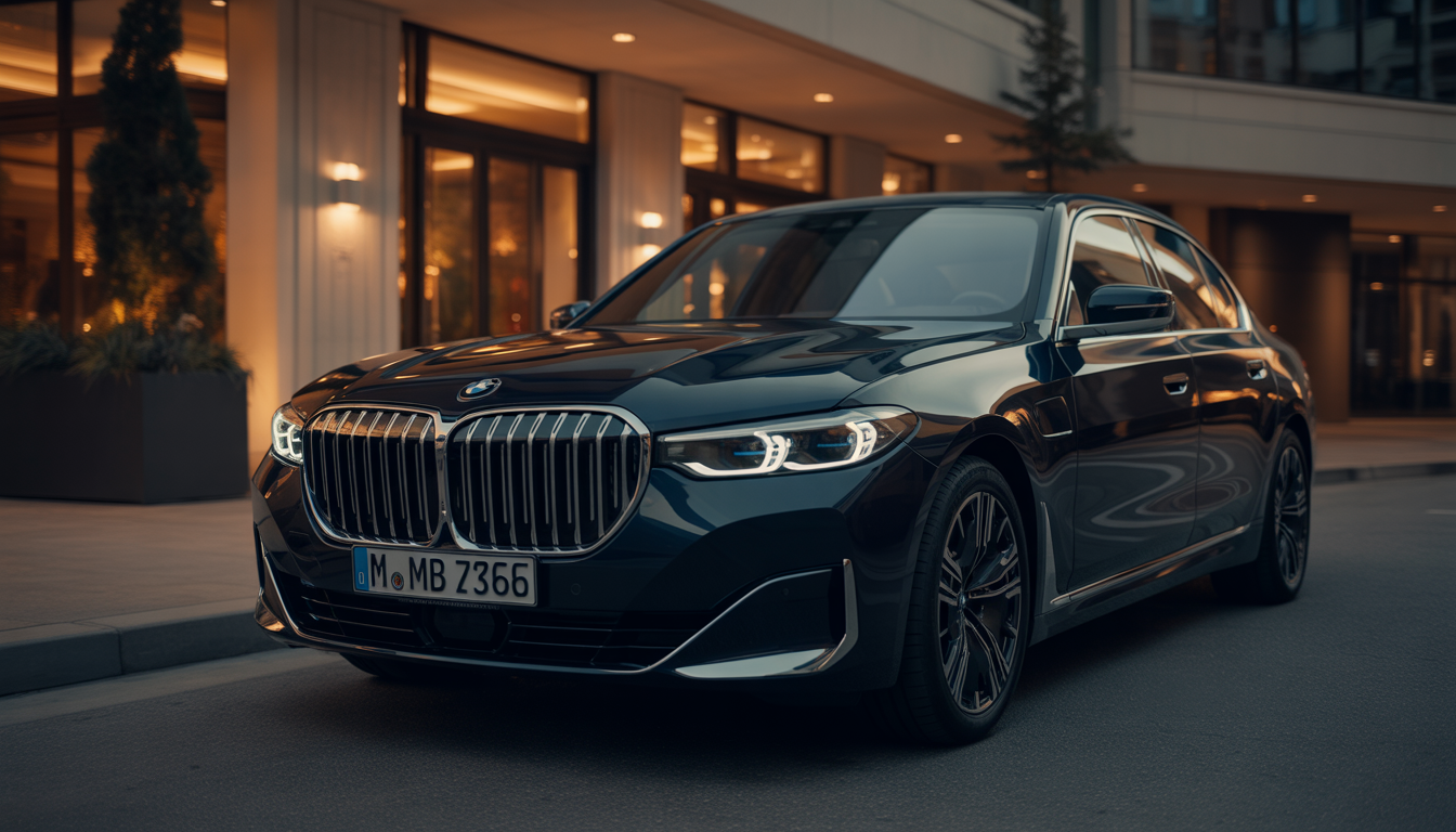 Luxury BMW with headlights on parked outside an upscale hotel at sunrise