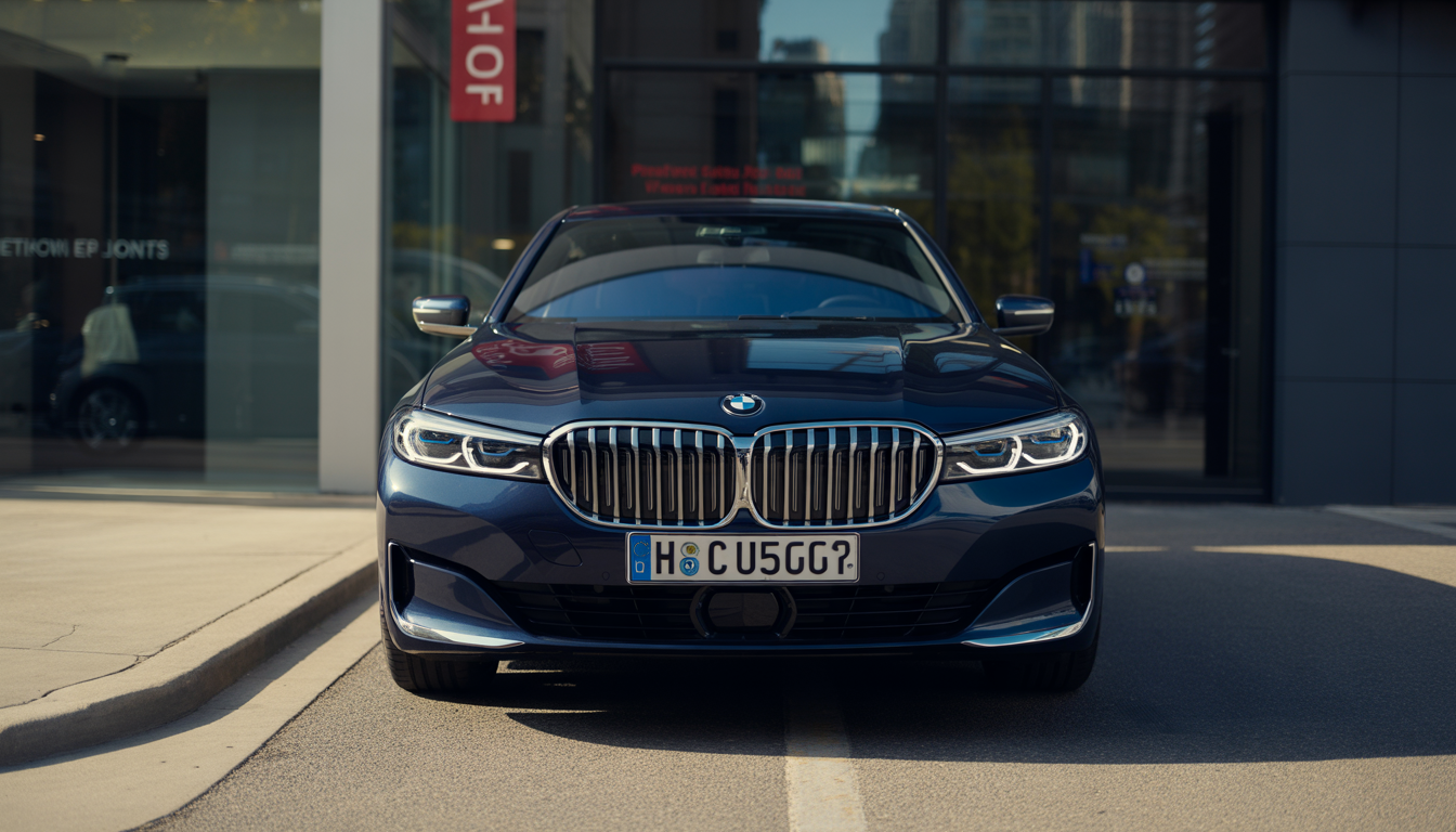Front view of a BMW with visible license plate parked in an urban setting