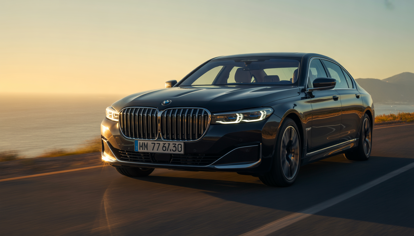BMW Série 7 de luxe noire sur route côtière au coucher du soleil, phares allumés