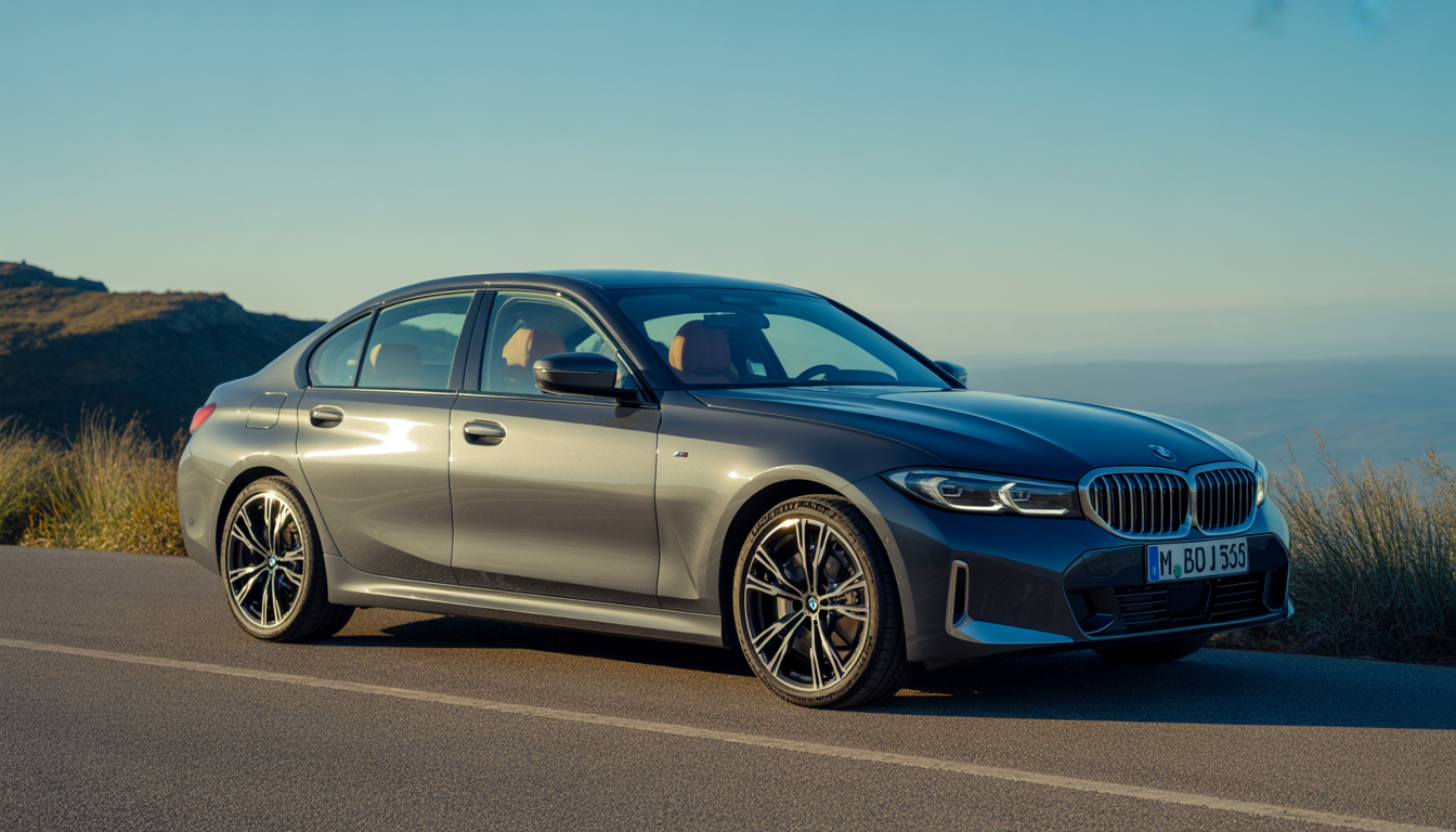 BMW Série 3 garée sur une route panoramique ensoleillée avec jantes alliage brillantes et intérieur cuir high-tech