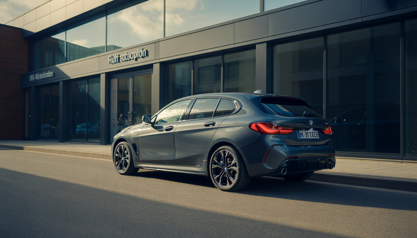 BMW Série 1 élégante stationnée sous un ciel ensoleillé