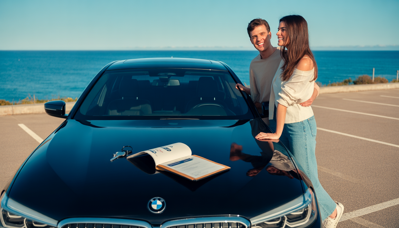 Couple souriant près d'une BMW Série 5 noire sur un parking côtier ensoleillé