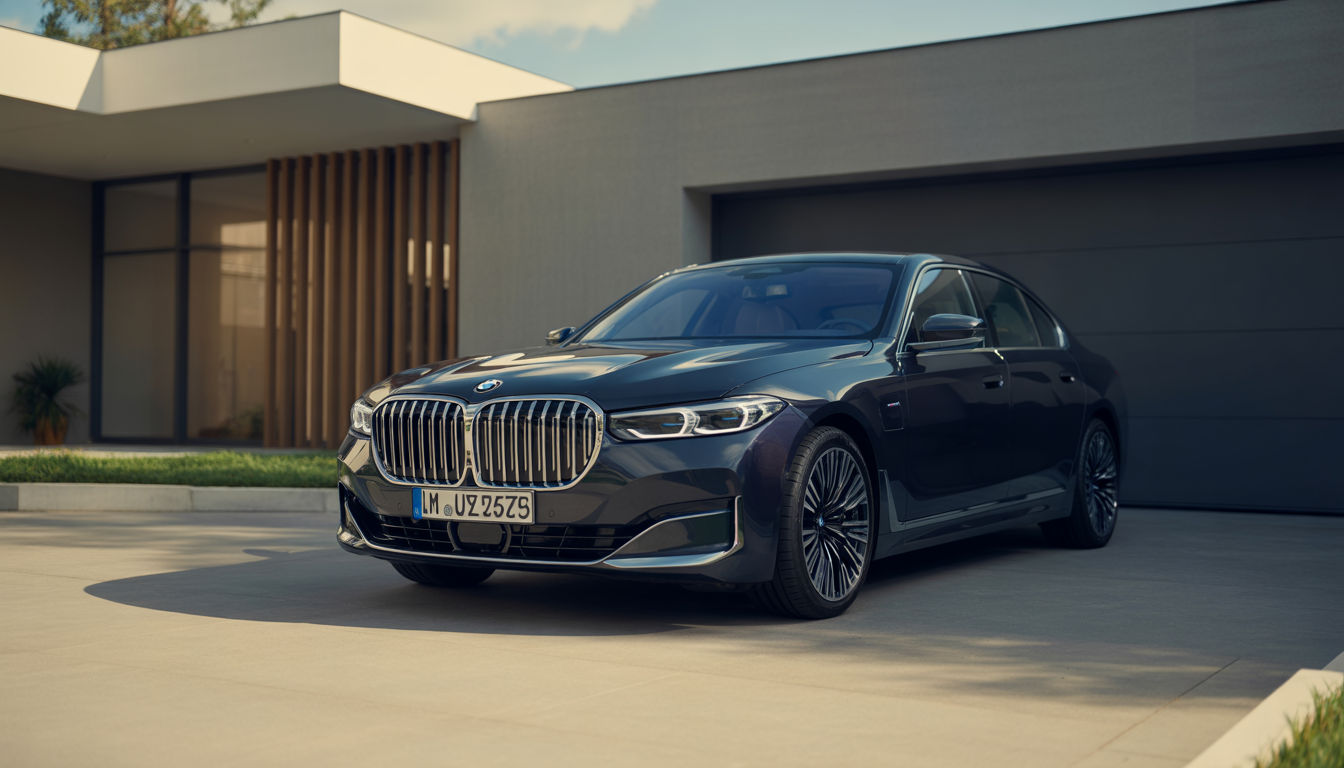 Photorealistic image of a luxury BMW parked in a private driveway with modern architecture in the background