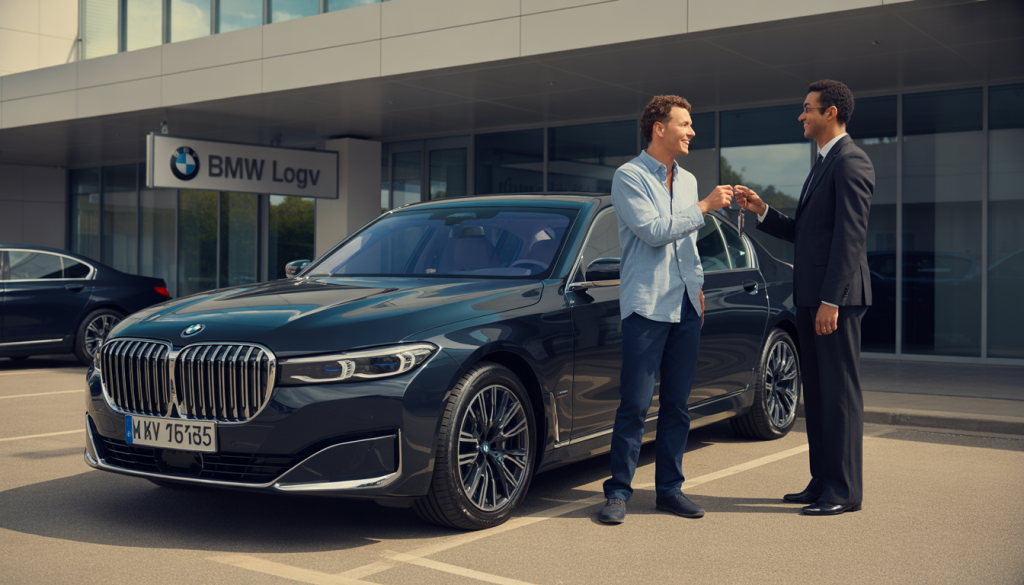 Black BMW 7 Series in a sunny parking lot, smiling couple receiving keys