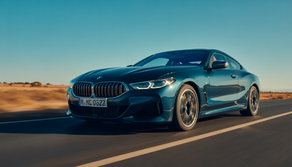 BMW Serie 8 with 'Iconic Glow' illuminated grille on an open road under blue sky