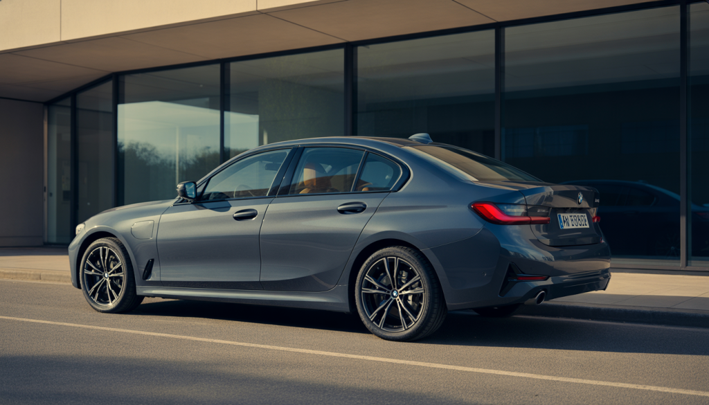 Photography of a BMW Série 3 parked, showcasing its sleek design and comfortable interior visible through windows