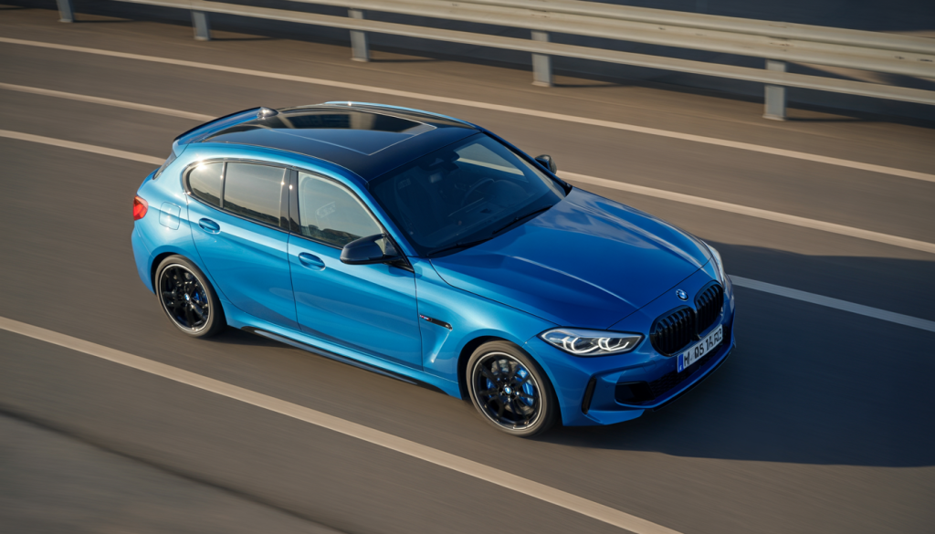 Three-quarter front view of a BMW Series 1 M Sport Design with black roof and fluid sport lines, in an urban or road environment