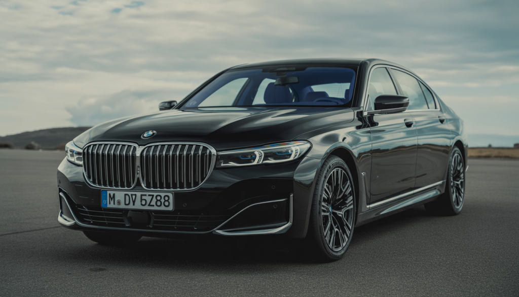 Photographie d'une BMW Série 7 noire de 2020 avec phares laser élégants et calandre double haricot