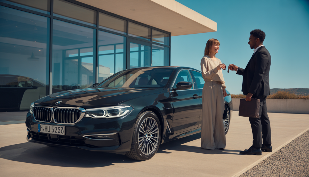 Black BMW 5 series in front of modern agency, couple receiving keys