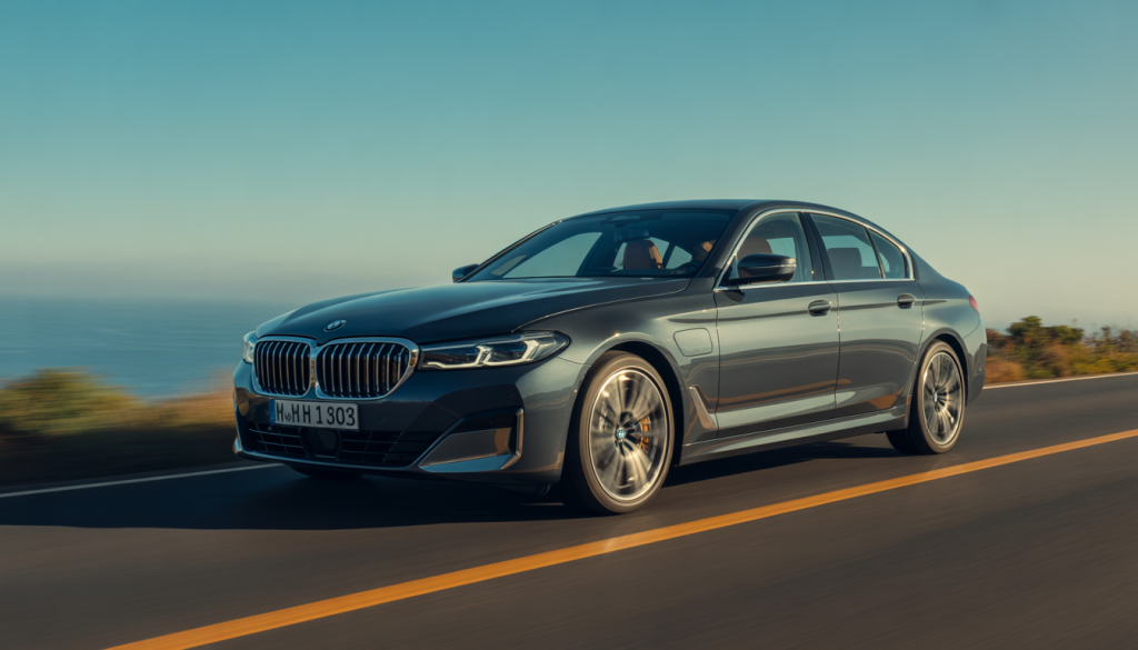 Sleek design BMW Série 5 driving on a sunny coastal road with shiny alloy rims and refined interior